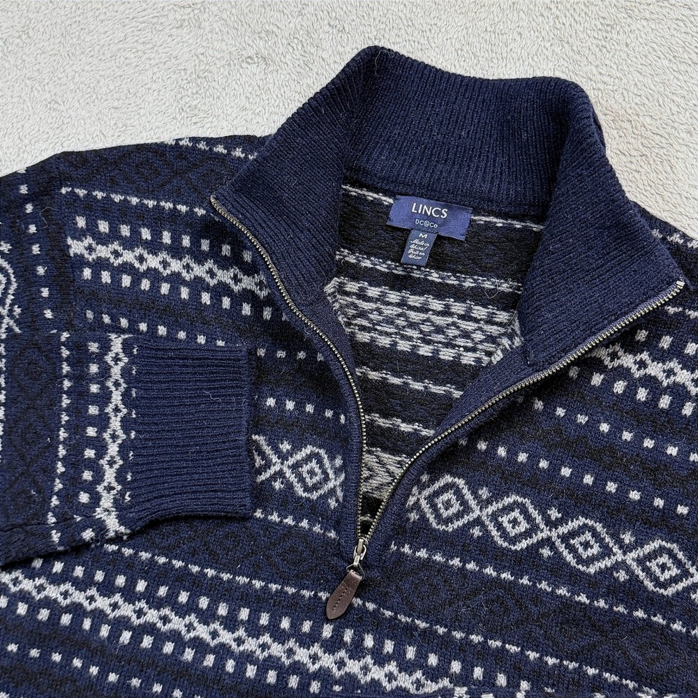 Lincs DC & Co Mens Med. Lambswool Quarter Zip Sweater Navy Blue Fair Isle Knit